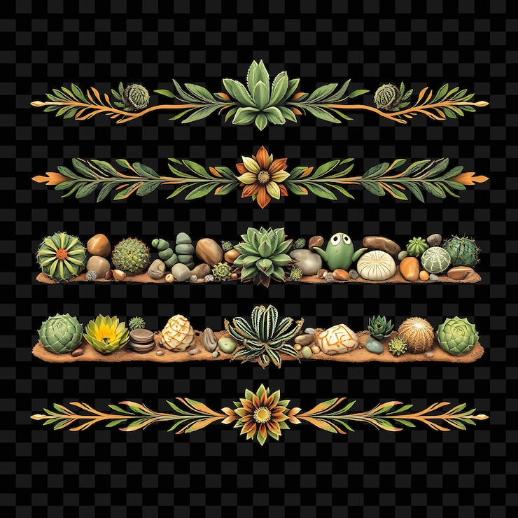 PSD fronteras decorativas cactus suculentas guijarros y arena verdes apagados y marrones terrosos desierto chic w