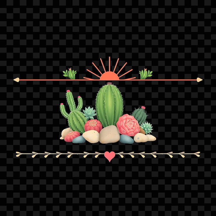 PSD fronteras decorativas cactus suculentas guijarros y rayos de sol verdes del desierto silenciados y rosas suaves suaves