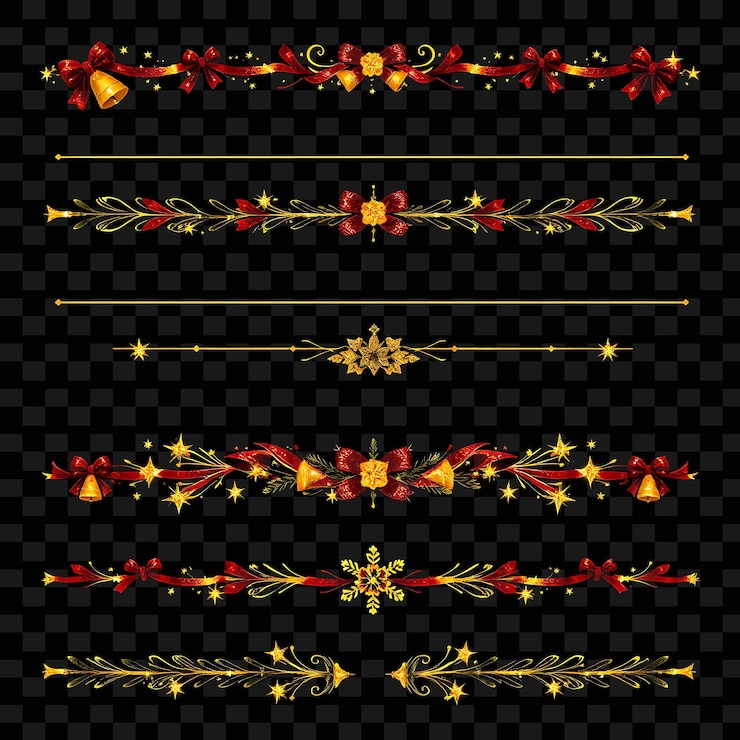 PSD fronteras decorativas campanas cintas y estrellas oro brillante y rojo tema festivo de vacaciones brillantes y
