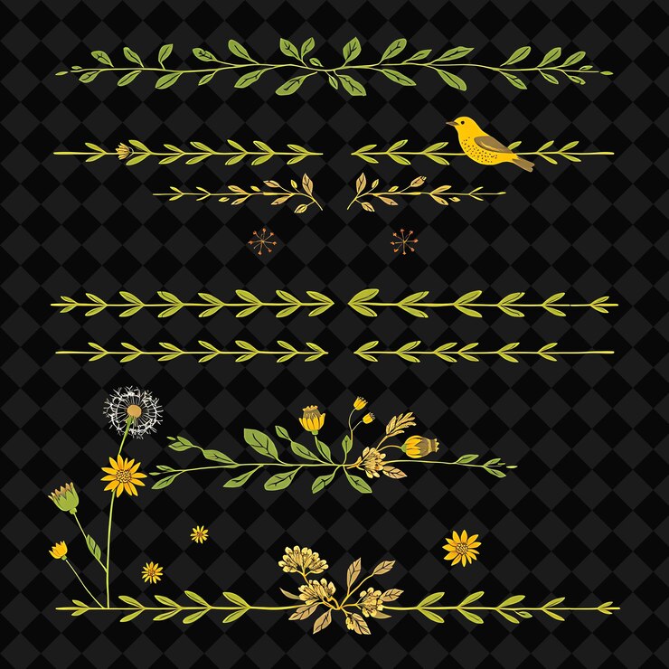 PSD fronteras decorativas diente de león hojas semillas y pájaros verdes suaves y amarillos caprichosos de prado