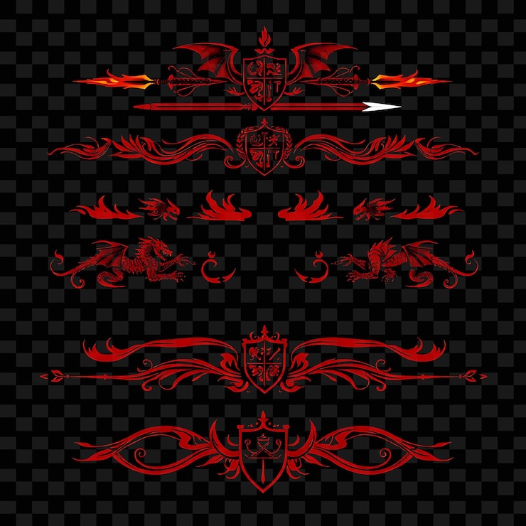 PSD fronteras decorativas dragones llamas espadas y escudos tonos rojos y negros de fuego influenciados por el arrastre