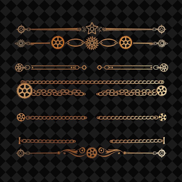 PSD fronteras decorativas engranajes clavijas y cadenas tonos metálicos oscuros con efectos de óxido influencia steampunk