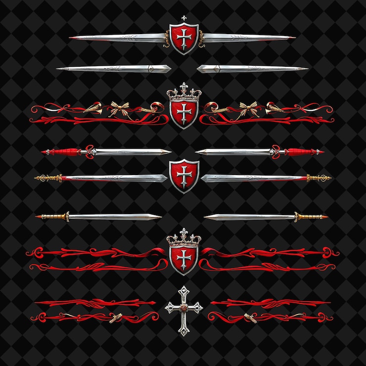PSD fronteras decorativas espadas escudos coronas y cruces tonos rojos profundos y plateados influenciados por los cruces