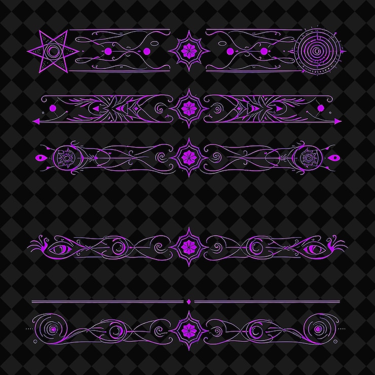 PSD fronteras decorativas estrellas espirales ojos místicos tonos profundos con negro y púrpura oculto visionario