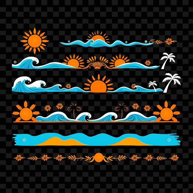PSD fronteras decorativas explosiones de sol olas y palmeras naranja vibrante con cielo azul playa tropical sty