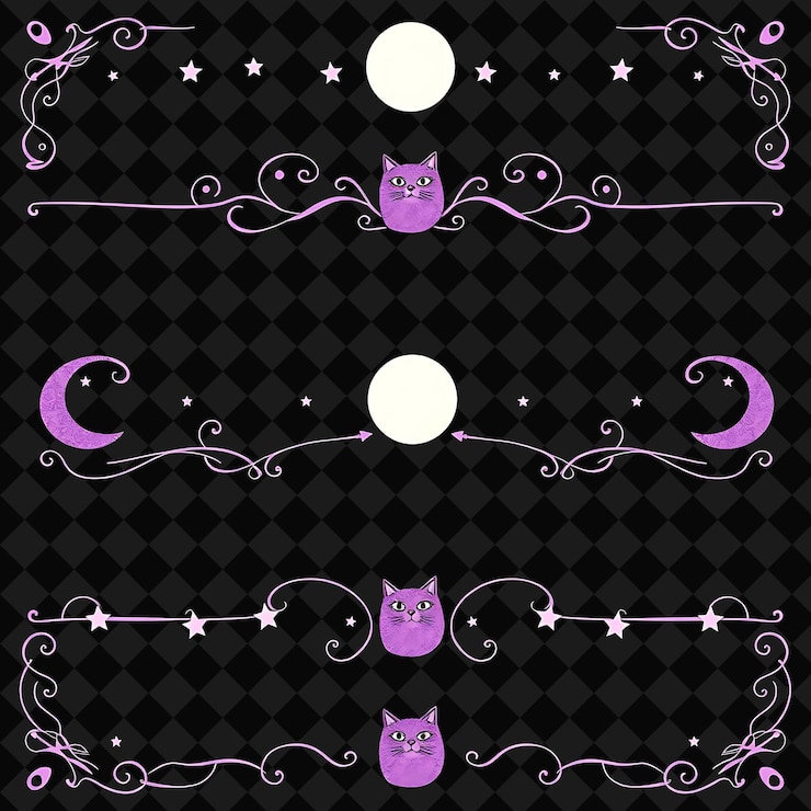 PSD fronteras decorativas gatos lunas estrellas suaves tonos de medianoche con púrpuras y negros st mágico brujo