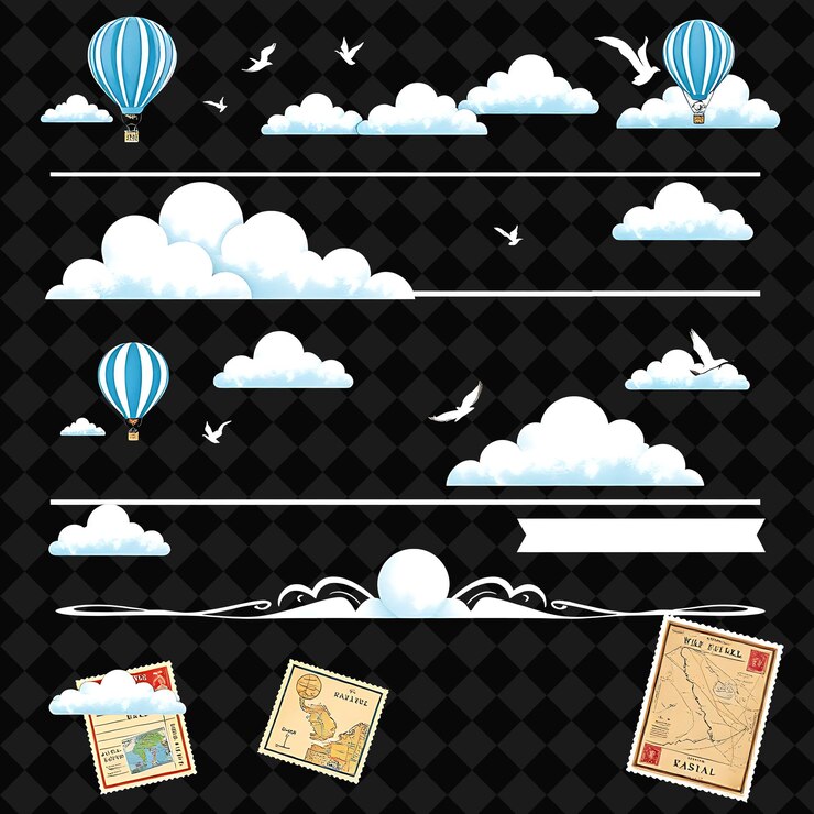PSD fronteras decorativas globos de aire caliente nubes y pájaros cielo azul y blanco suave estilo de viaje vintage