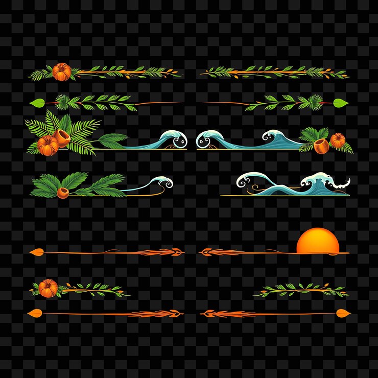 PSD fronteras decorativas hojas de palma cocos olas y puestas de sol verdes tropicales y naranjas vibrantes isl