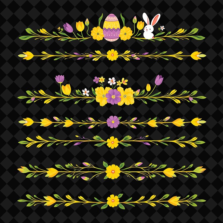 PSD fronteras decorativas huevos tulipanes y conejos pastel amarillos y púrpuras inspirados en el capricho de pascua