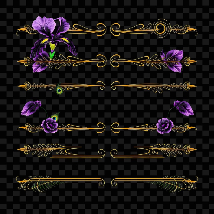 PSD fronteras decorativas iris plumas de pavo real helechos ricos púrpuras y verdes estilo art déco elegante lu