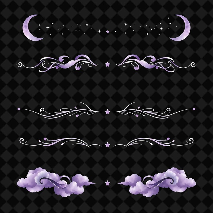 PSD fronteras decorativas luna creciente estrellas y nubes crepúsculo suave púrpura y plata noche soñadora s