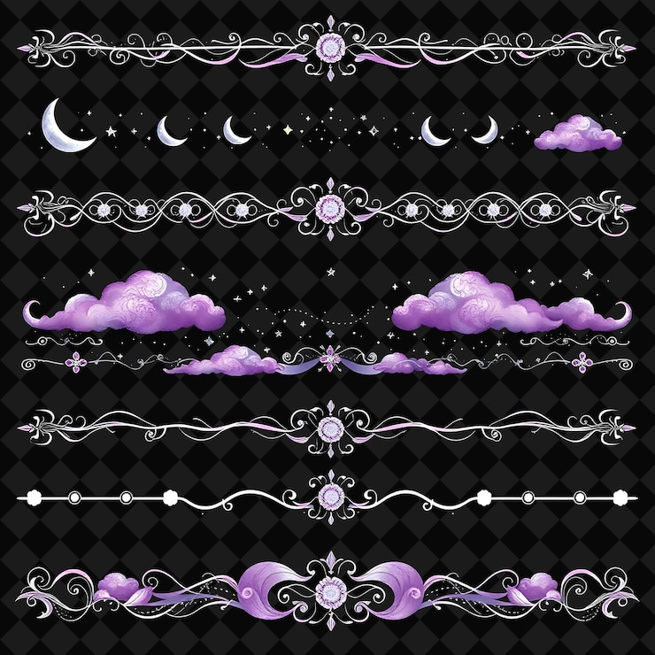 PSD fronteras decorativas luna creciente estrellas y nubes crepúsculo suave púrpura y plata noche soñadora s