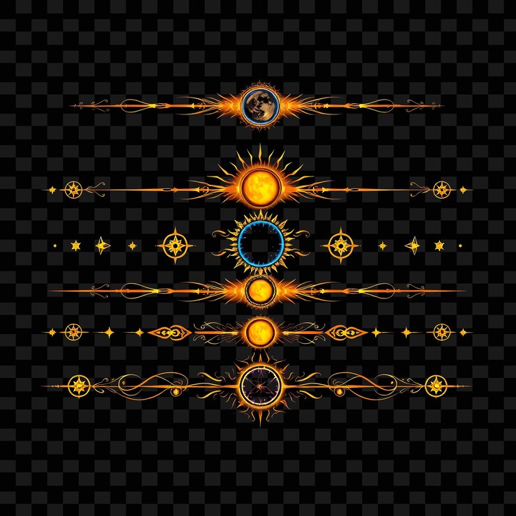 PSD fronteras decorativas, lunas, soles, estrellas, tonos celestiales vibrantes con oro y azul, estrellas místicas cósmicas.