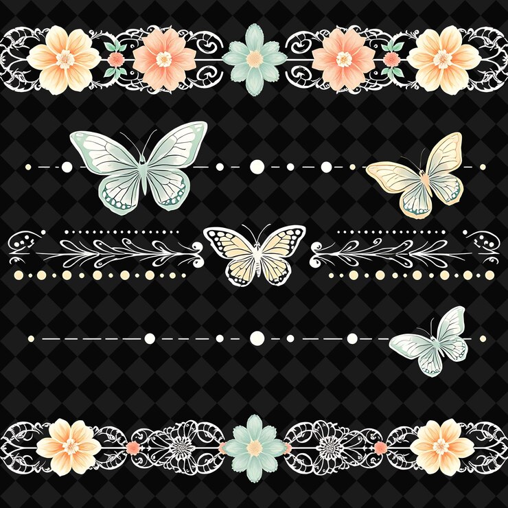 PSD fronteras decorativas mariposas flores y puntos colores pastel claros con menta y melocotón botánico