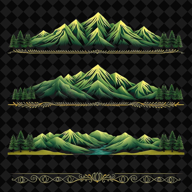 PSD fronteras decorativas montañas árboles ríos naturaleza terrosa tonos con verdes y marrones tierra natural