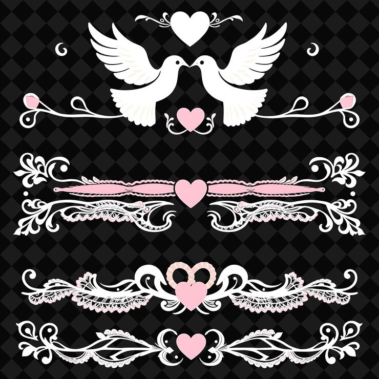 PSD fronteras decorativas palomas corazones y anillos suave pastel rosa y blanco tema de boda encaje y pera