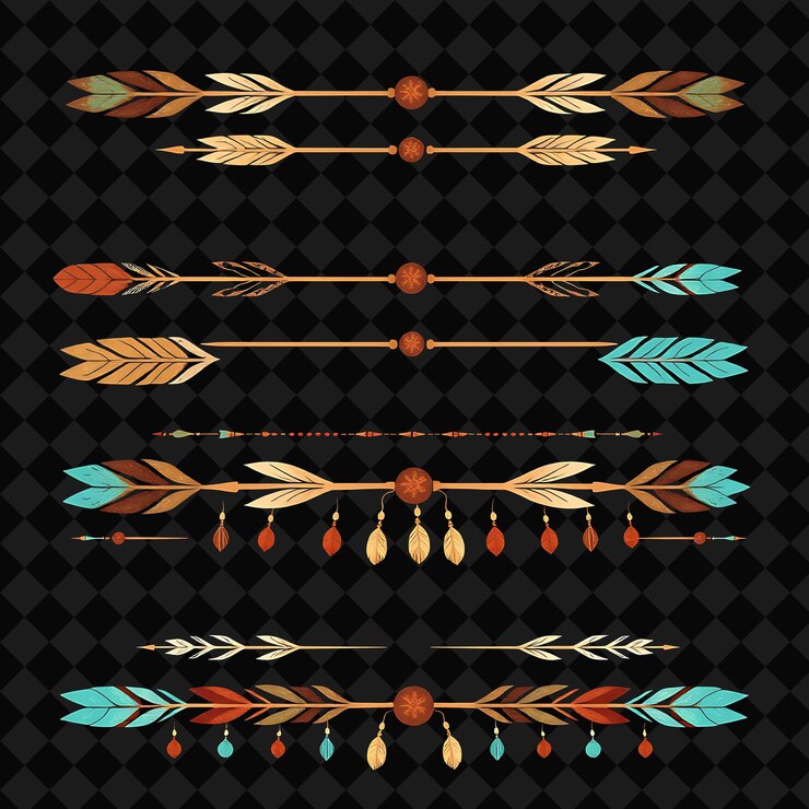 PSD fronteras decorativas plumas flechas y cuentas marrones rústicos con estilo bohemia turquesa apagada e