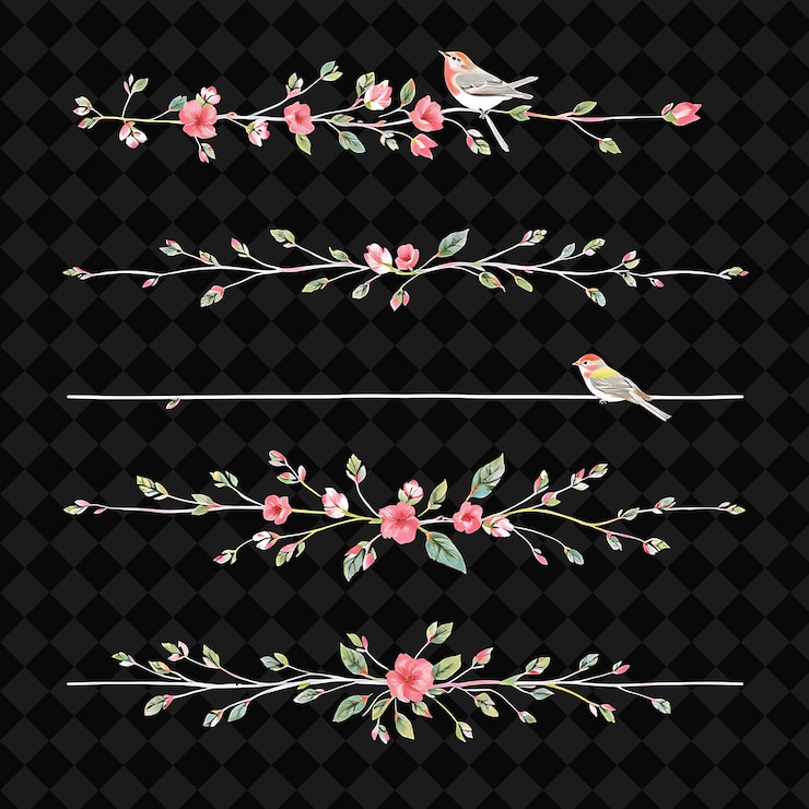 PSD fronteras decorativas ramas y hojas de pájaros pasteles suaves con efecto de acuarela inspiración de la naturaleza