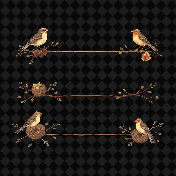 PSD fronteras decorativas ramas de pájaros nidos de tonos terrenales con marrones y verdes estilo natural del bosque
