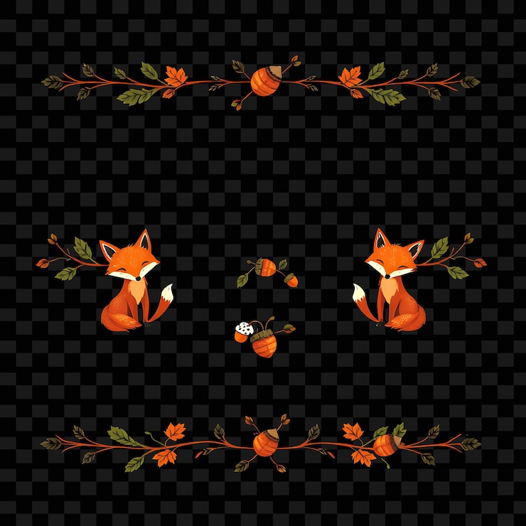 PSD fronteras decorativas zorras hojas bellotas tonos terrenales de naranja y verde estilo inspirado en el bosque