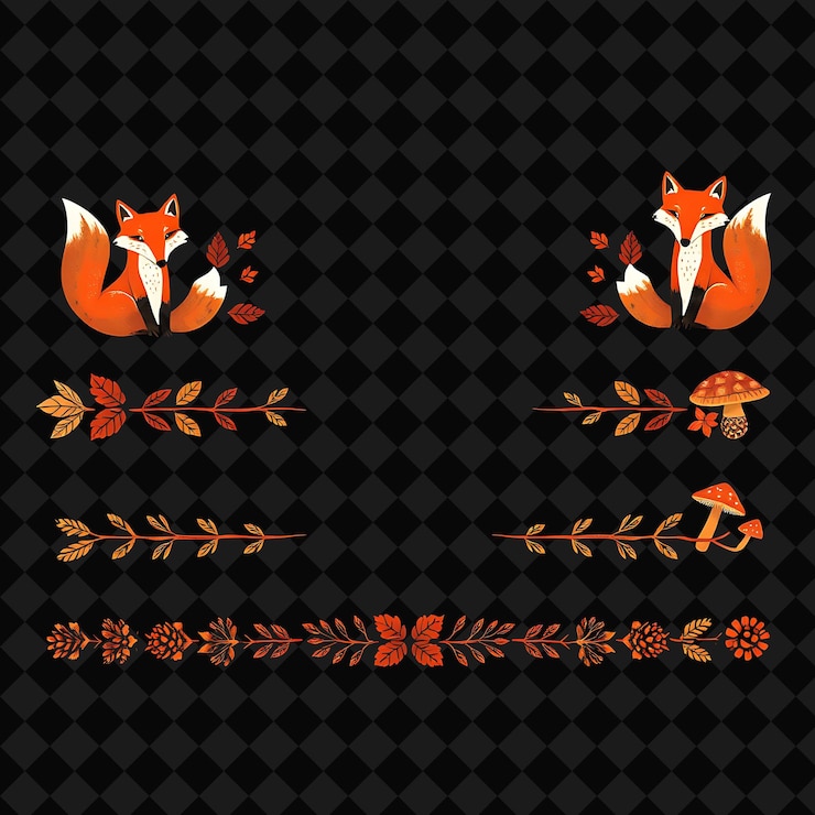 PSD fronteras decorativas zorros hojas y setas marrón terroso y naranja quemado criaturas del bosque