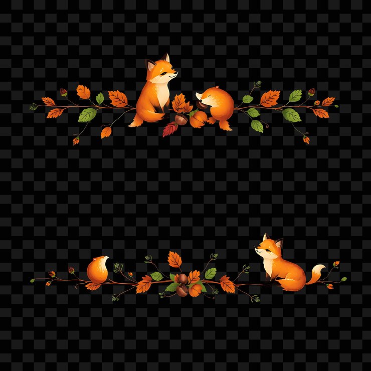 PSD fronteras decorativas zorros hojas setas tonos terrenales de naranja y verde bosque cuento de hadas st