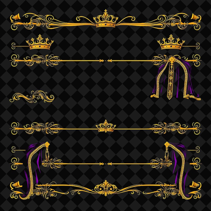 PSD frontières décoratives couronnes sceptres robes violettes profondes avec finition dorée baroque royal opulent grand
