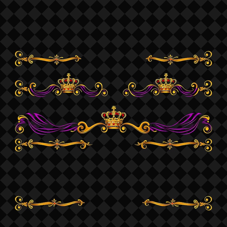 PSD frontières décoratives couronnes sceptres robes violettes profondes avec finition dorée baroque royal opulent grand