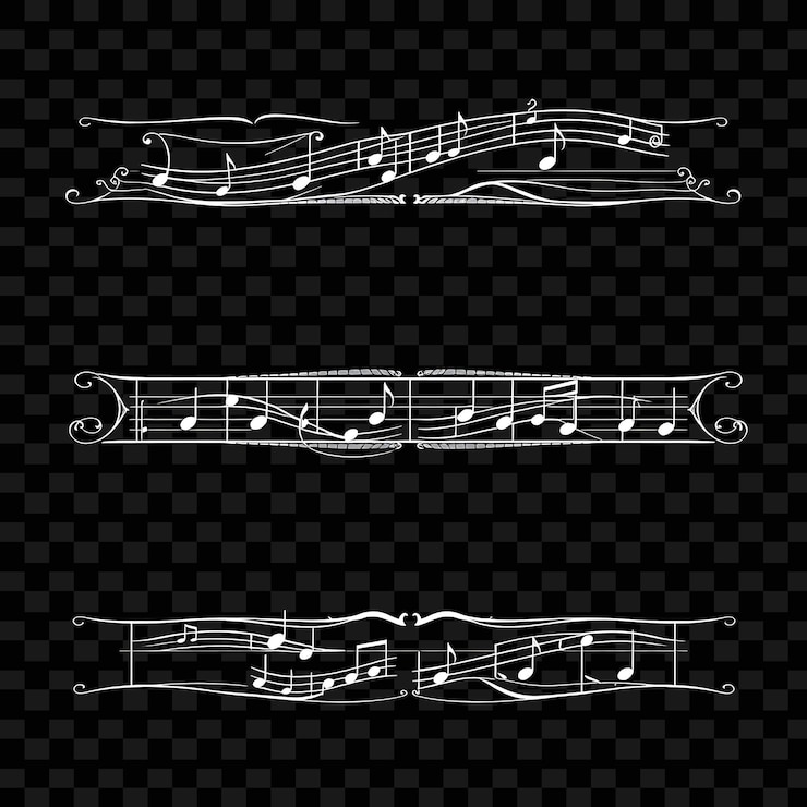 PSD frontières décoratives notes et lignes musicales en noir et blanc avec accents argentés musique classique infl