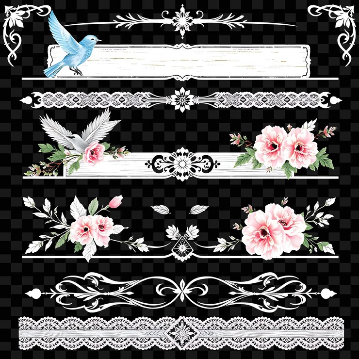PSD frontières décoratives plumes et fleurs d'oiseaux bleu pastel doux et rose style chic décoratif
