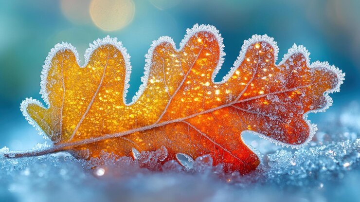 PSD frozen autumn oak leaf on snow