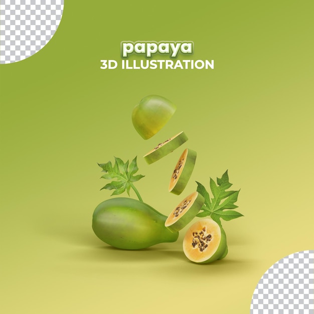 PSD fruchtplakat köstliche papaya mit 3d-rendering-konzept