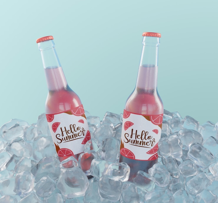Fruchtsodaflaschen mit Eiswürfeln