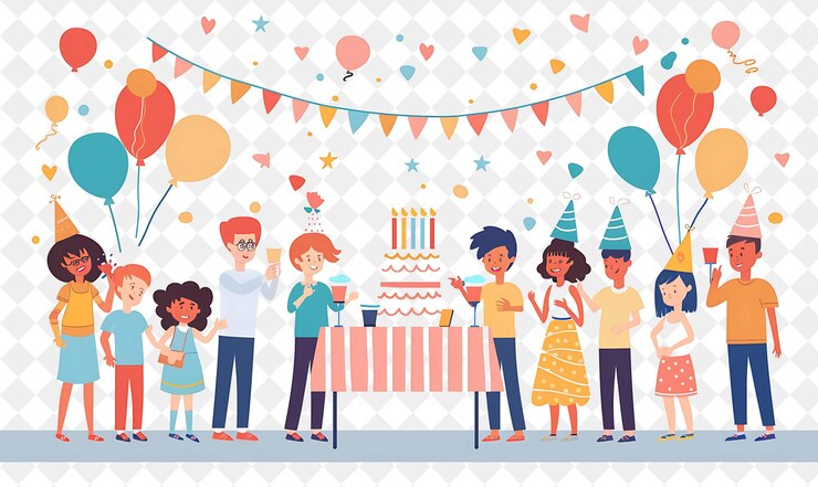 PSD frühlings-geburtstagsfeier mit geburtstagsjungen und -mädchen celebrati png-festival 2d-flat art-illustrationen