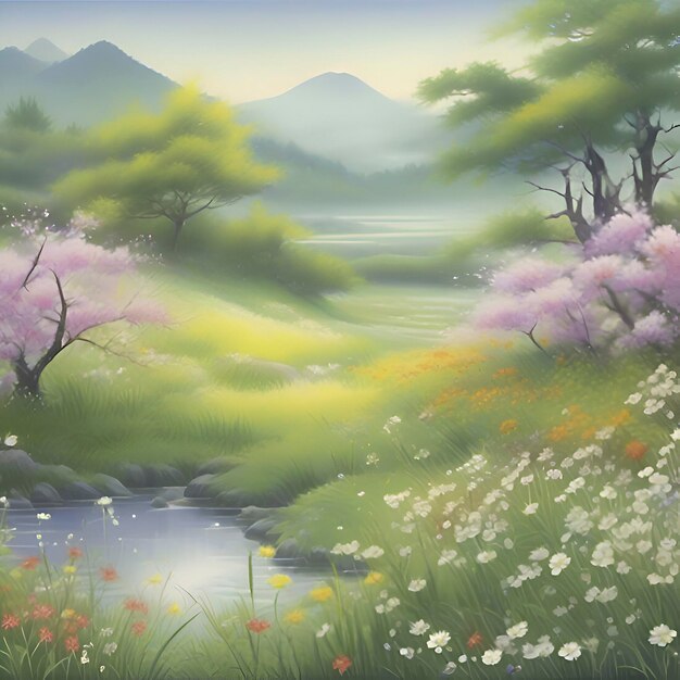 PSD frühlings-wildblumenwiese-landschaft im traditionellen japanischen stil