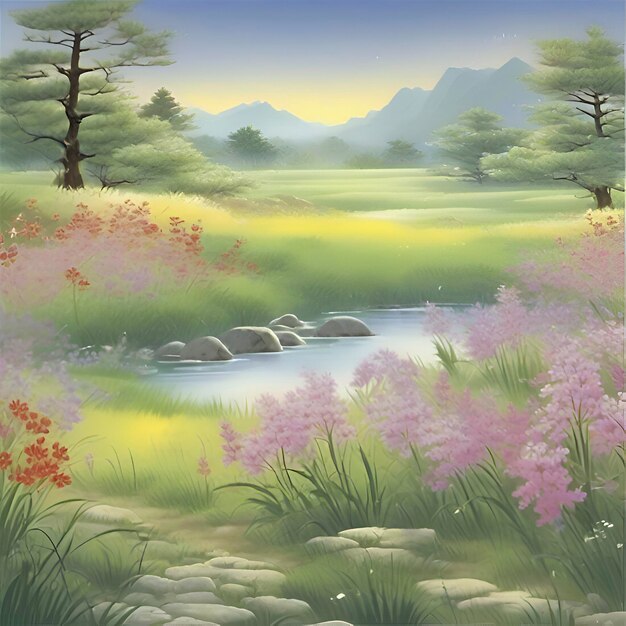 Frühlings-wildblumenwiese-landschaft im traditionellen japanischen stil