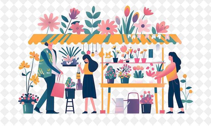 PSD frühlingsblumenmarkt mit charakteren, die blumen kaufen design i png festival 2d flat art illustrationen