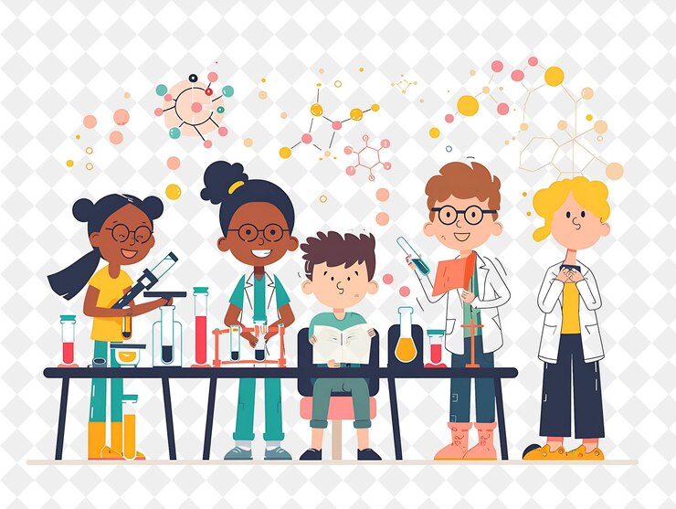 PSD frühlingswissenschaftliche messe mit studenten, die ihre projekte präsentieren png festival 2d flat art illustrations