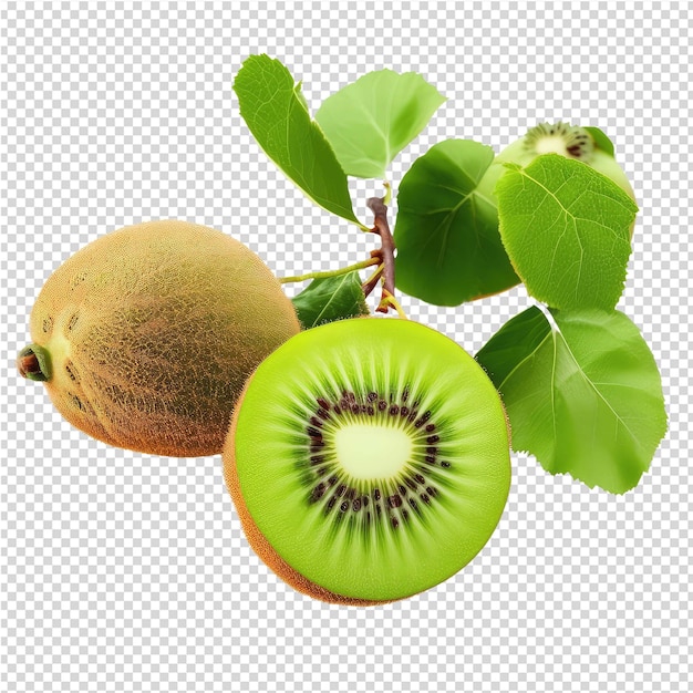 PSD un fruit de kiwi avec une feuille verte dessus