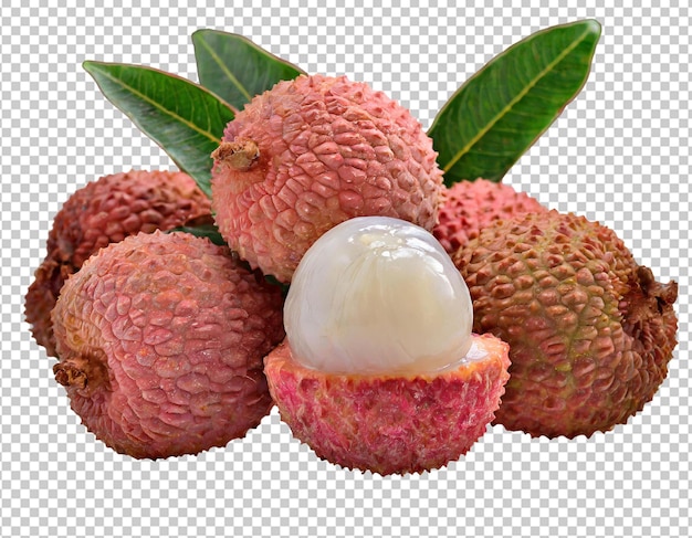 Fruit de litchi mûr avec des feuilles isolées sur un fond transparent