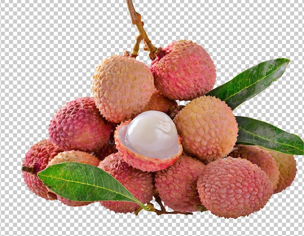 Fruit de litchi mûr avec des feuilles isolées sur un fond transparent