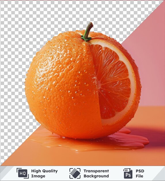 Fruit De Mandarine Transparent Avec Des Gouttes D'eau Sur Une Table Orange Contre Un Mur Rose Avec Une Tige Verte Visible Au Premier Plan Et Une Ombre Sombre Projetée Derrière Elle