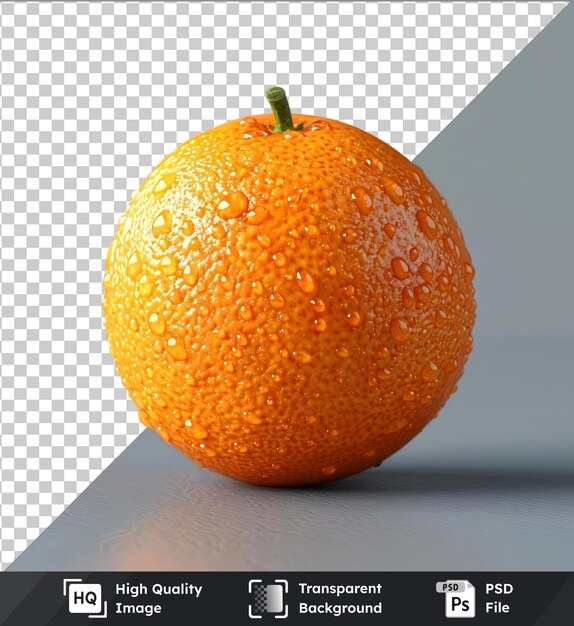 PSD fruit d'orange transparent avec une tige verte sur un fond gris