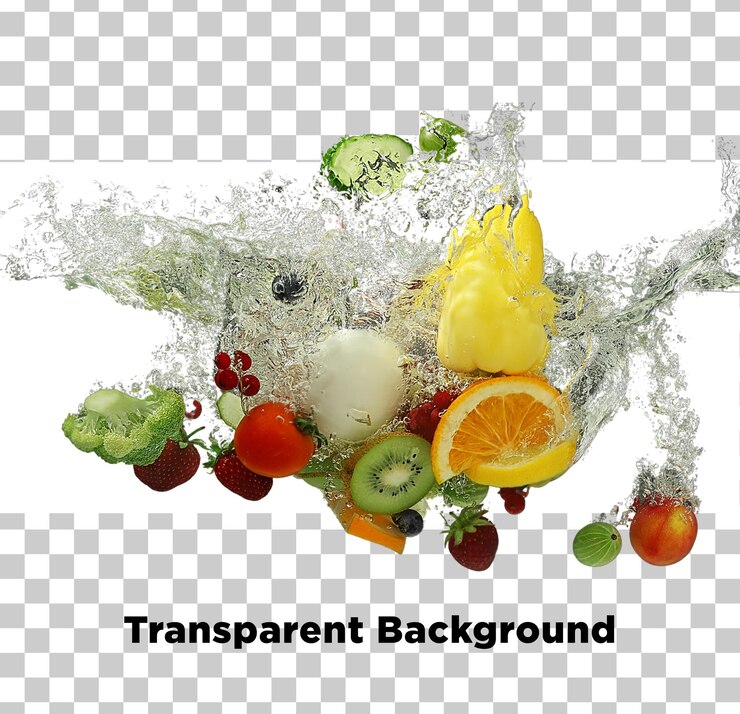PSD fruits and vegetables falling into water transparent background