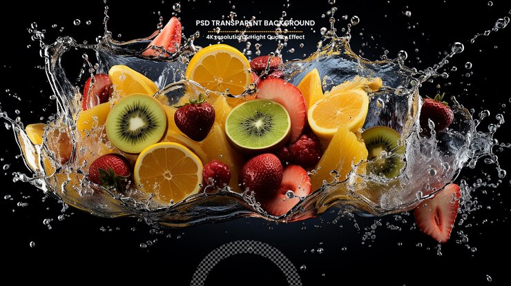 PSD fruits falling in water splash isolated on black background