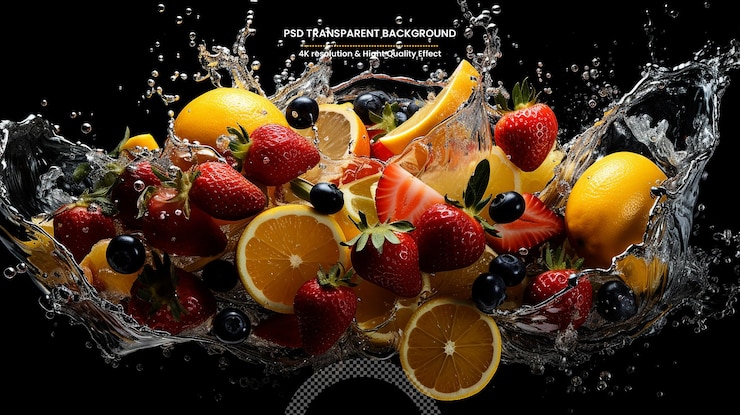 PSD fruits falling in water splash isolated on black background