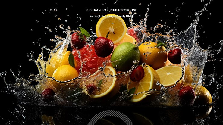 PSD fruits falling in water splash isolated on black background