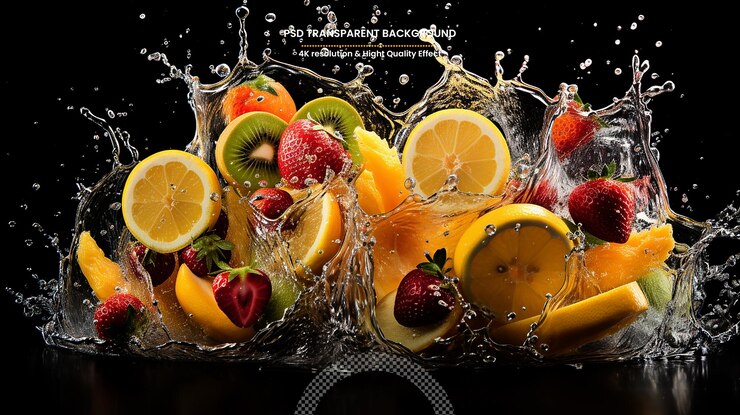 PSD fruits falling in water splash isolated on black background