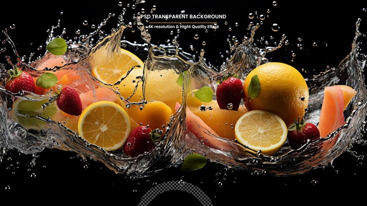 PSD fruits falling in water splash isolated on black background