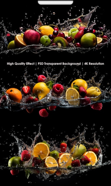 PSD fruits falling in water splash transparent background